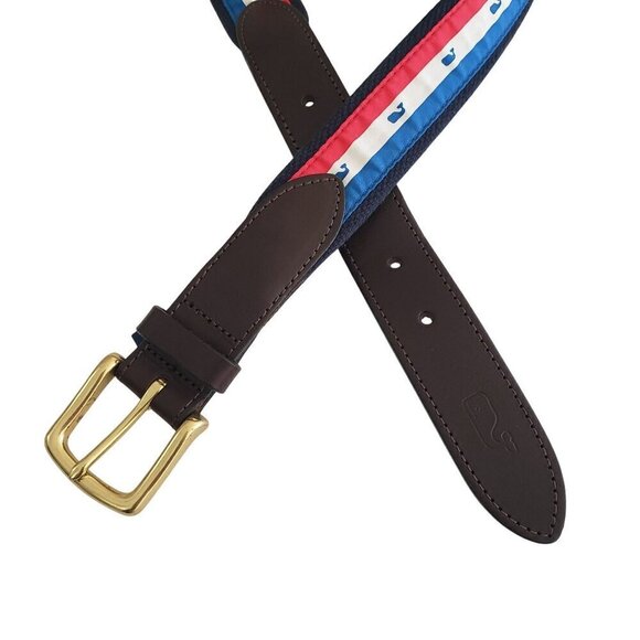 Men's 36 Vineyard Vines Red White Blue USA Stripe Whale Logo Canvas Belt Preppy - Picture 4 of 12